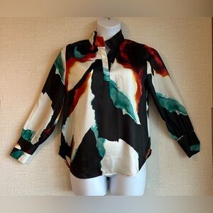 CHICOS Blouse Long Sleeve SIZE 0.5 US 6 Collar Open V Front Wide Cuff